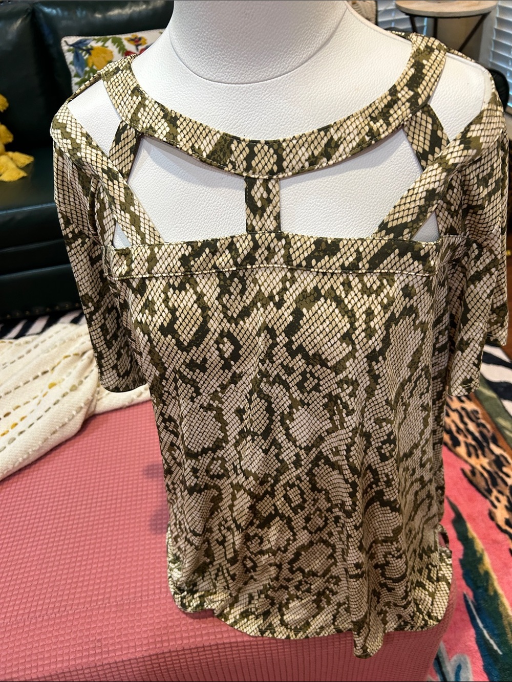 Olive Snake-Print Cutout Women's Top
